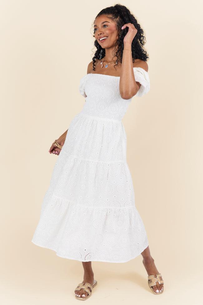 Forget Me Not White Eyelet Short Sleeve Midi Dress FINAL SALE Product Image
