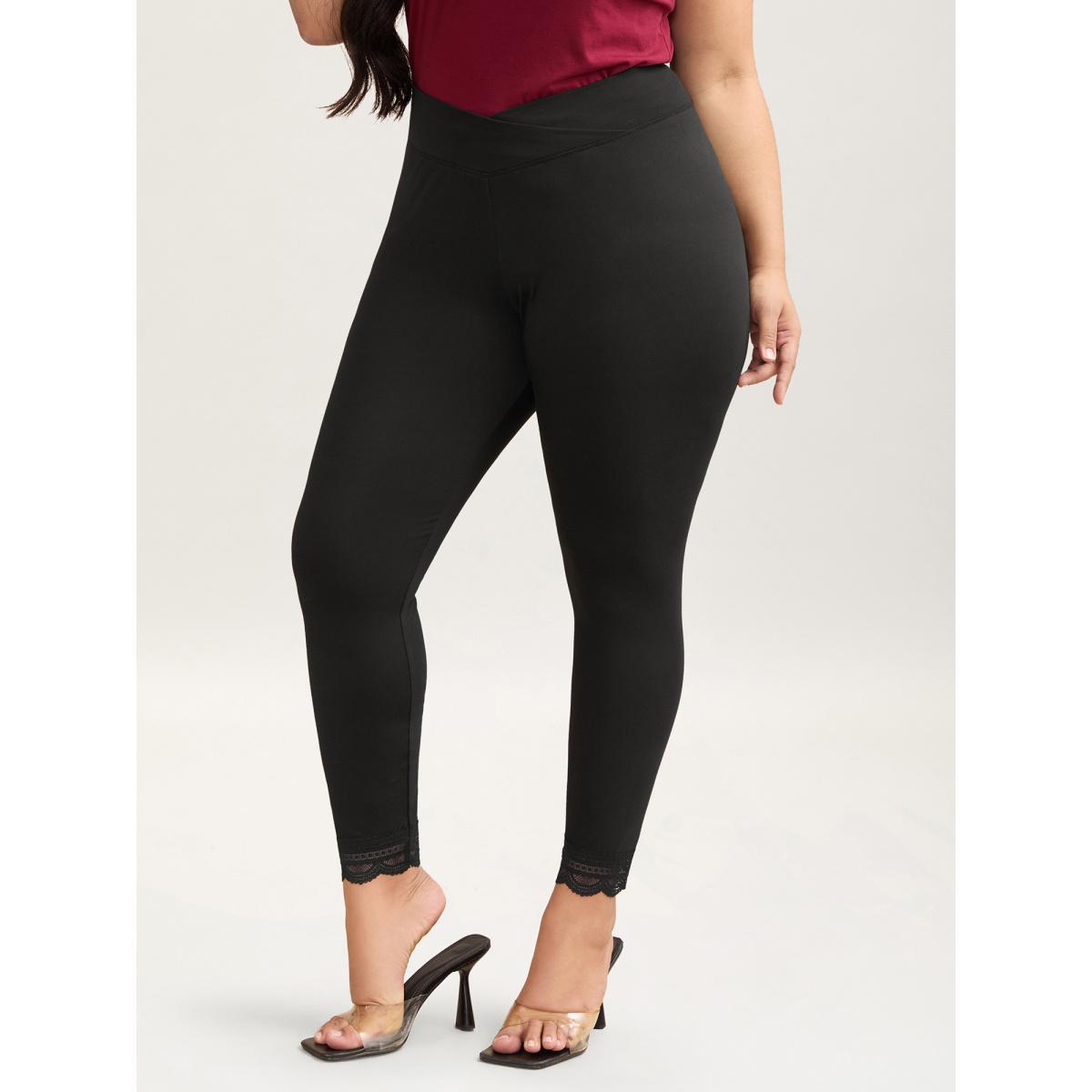 Plus Size Overlap Waist Spliced Tight Pants Women Black Elegant High stretch Skinny Mid Rise Everyday Leggings BloomChic 18-20/2X Product Image
