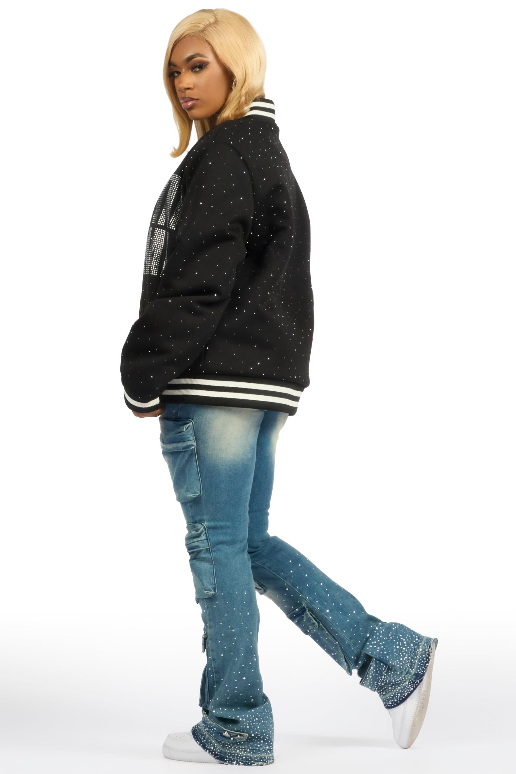 Nakiah Black Rhinestone Varsity Jacket Female Product Image