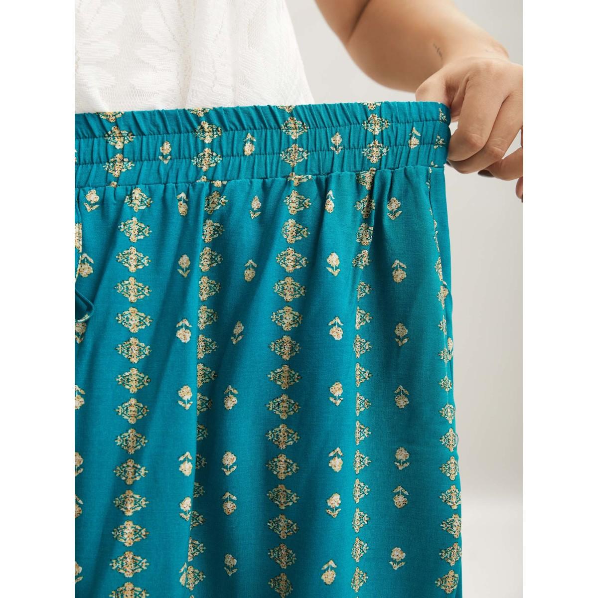 Plus Size Boho Geometric Print Tiered Maxi Skirt Women Turquoise Elegant Drawstring Bodycon Low stretch Slanted pocket Everyday-Elegant Skirts BloomChic 26/4X Product Image