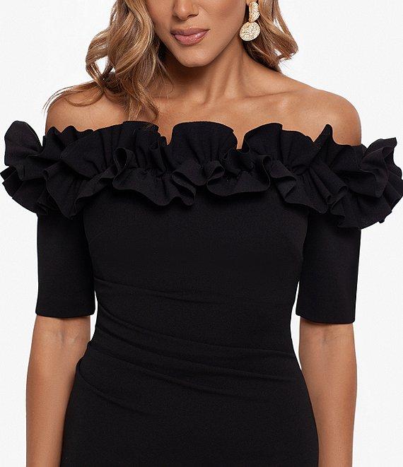Xscape Petite Size Ruffled Off-the-Shoulder Short Sleeve Crepe Sheath Gown Product Image