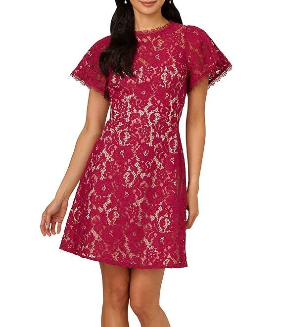 Adrianna Papell Illusion Crew Neck Flutter Sleeve Lace Shift Dress Product Image