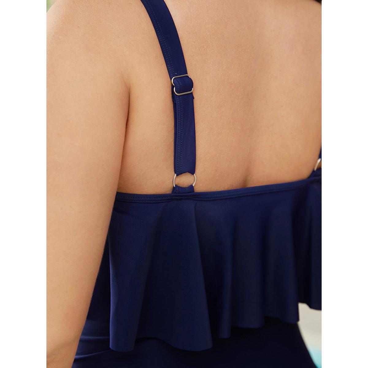 Plus Size Plain Laser Cut Ruffle Trim Asymmetrical Neck One Piece Swimsuit Women's Swimwear Indigo Vacation Adjustable Straps Curve Bathing Suits High stretch One Pieces BloomChic 18-20/2X Product Image