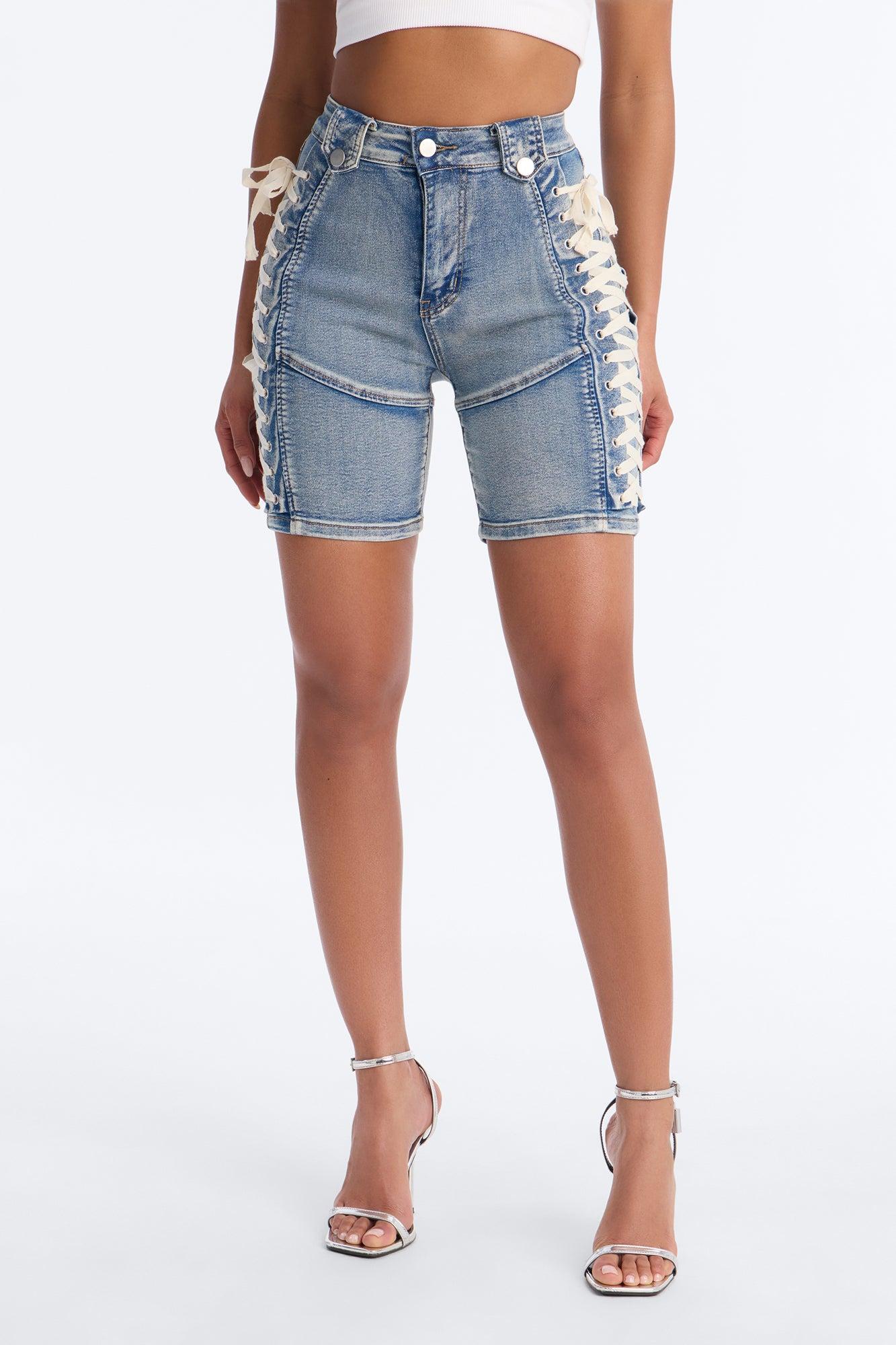 Jaw Dropper Stretch Lace Up Denim Bermuda Shorts - Medium Wash Female Product Image
