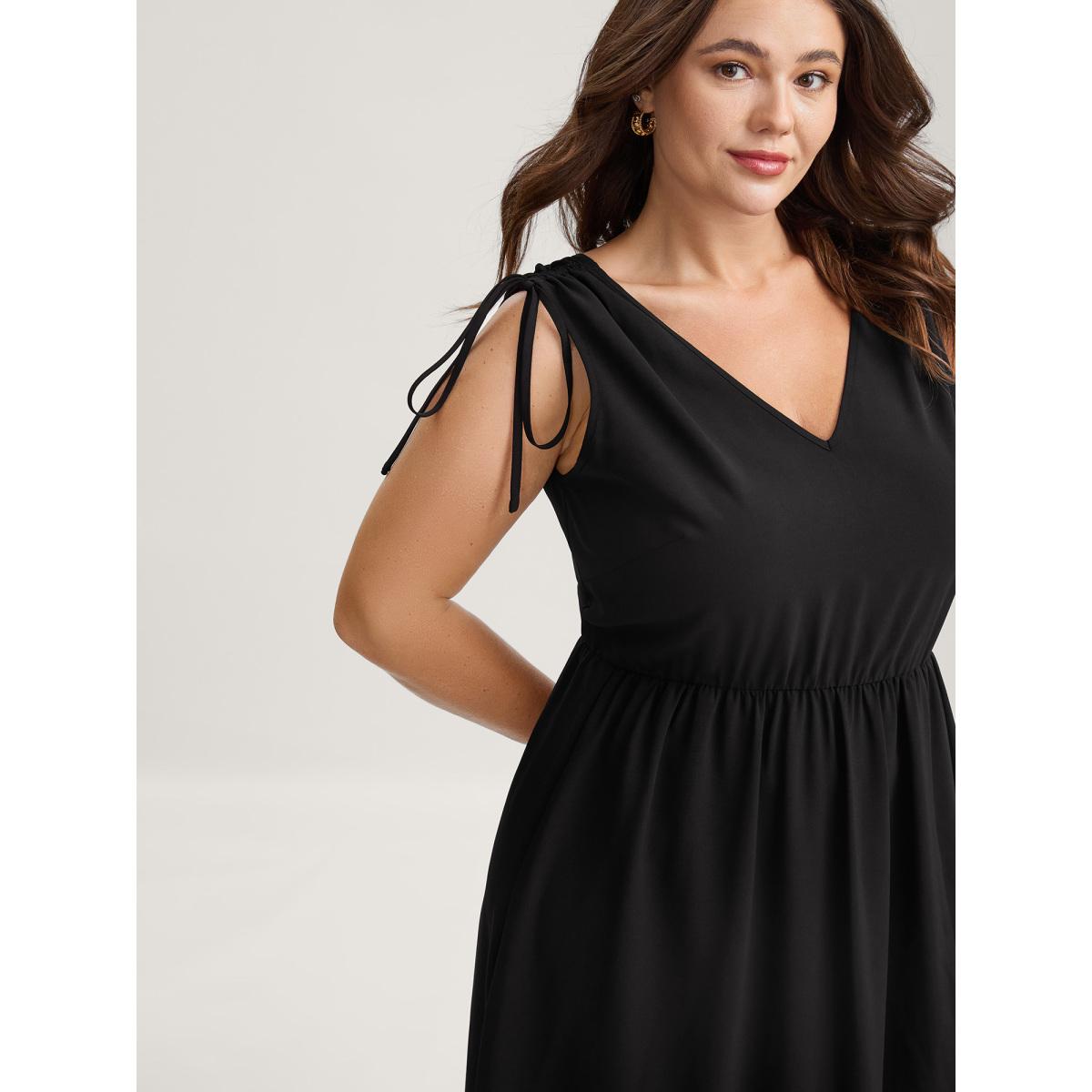 Plus Size Shoulder Drawstring Slit Solid Midi Dress Black Women V-neck Sleeveless Curvy BloomChic 26/4X Product Image