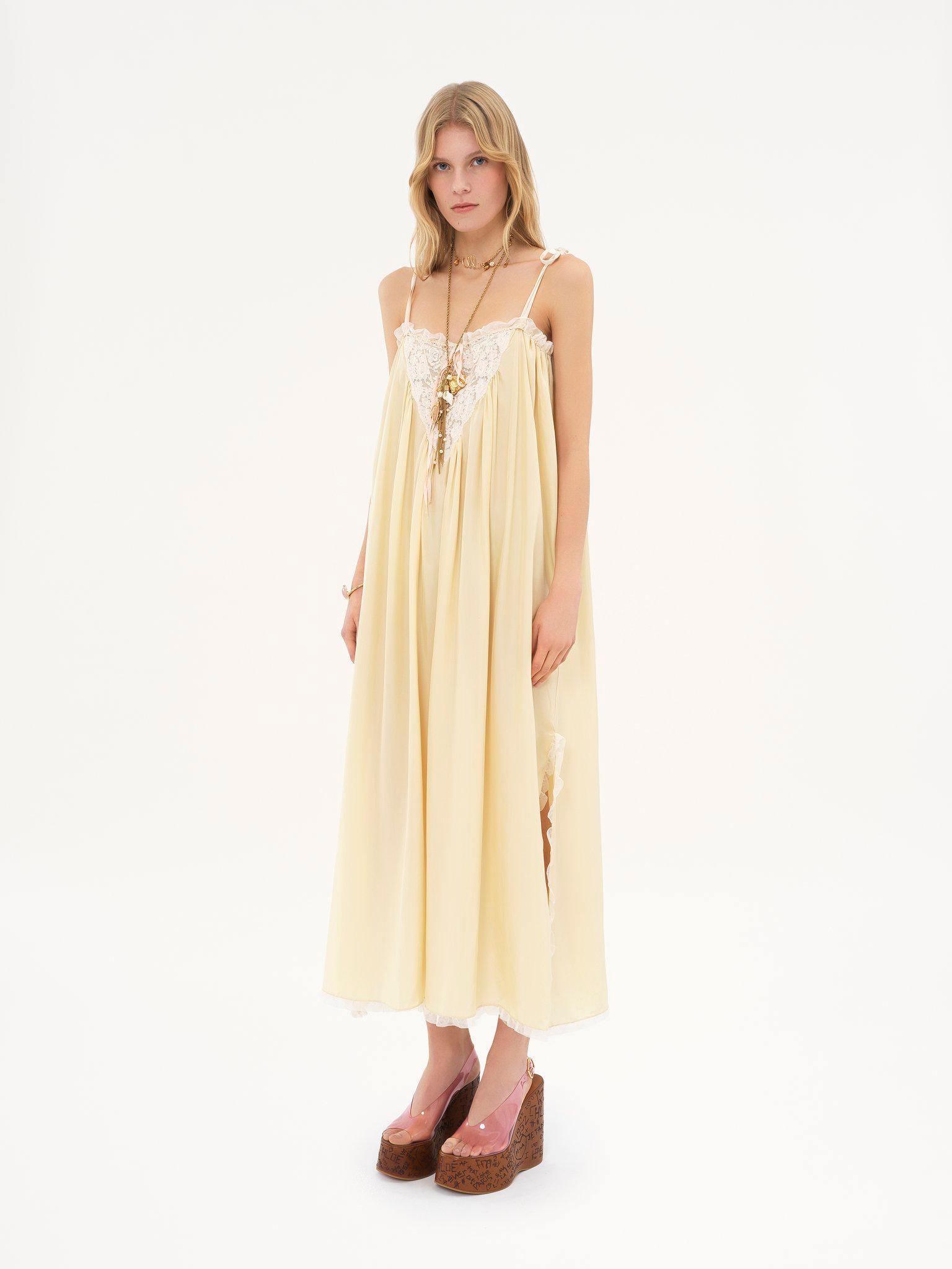 Ruffled long dress in silk habotai & lace Product Image
