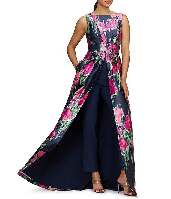 Kay Unger Evelyn Boat Neck Sleeveless Floral Print Mikado Overlay Walk Thru Jumpsuit Product Image