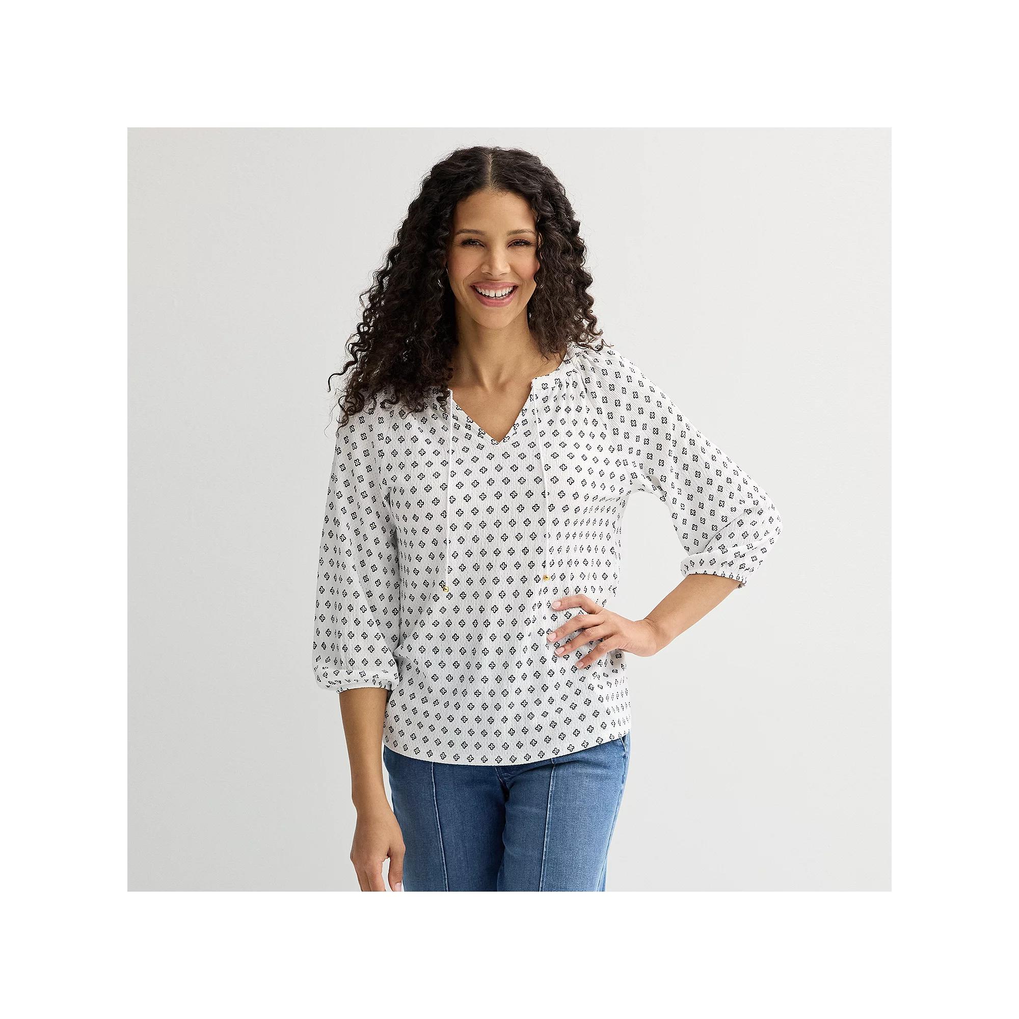 Women's Croft & Barrow® 3/4-Sleeve Peasant Top, Size: XXL, White Lattice Geo Product Image