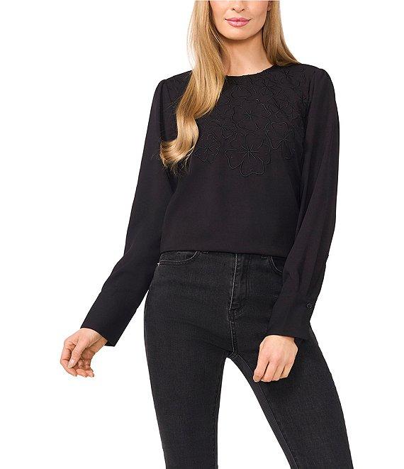 CeCe Long Sleeve Eyelet Embroidered Round Neck Long Sleeve Blouse Product Image