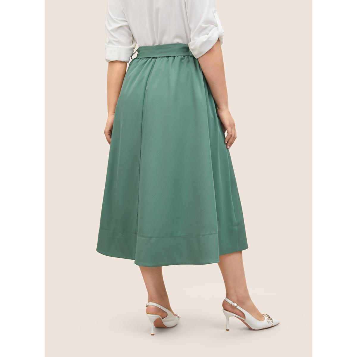 Plus Size Plain Elastic Waist Pleated Belted Skirt Women Mint At the Office Belted No stretch Slanted pocket Belt Work Skirts BloomChic 18-20/2X Product Image