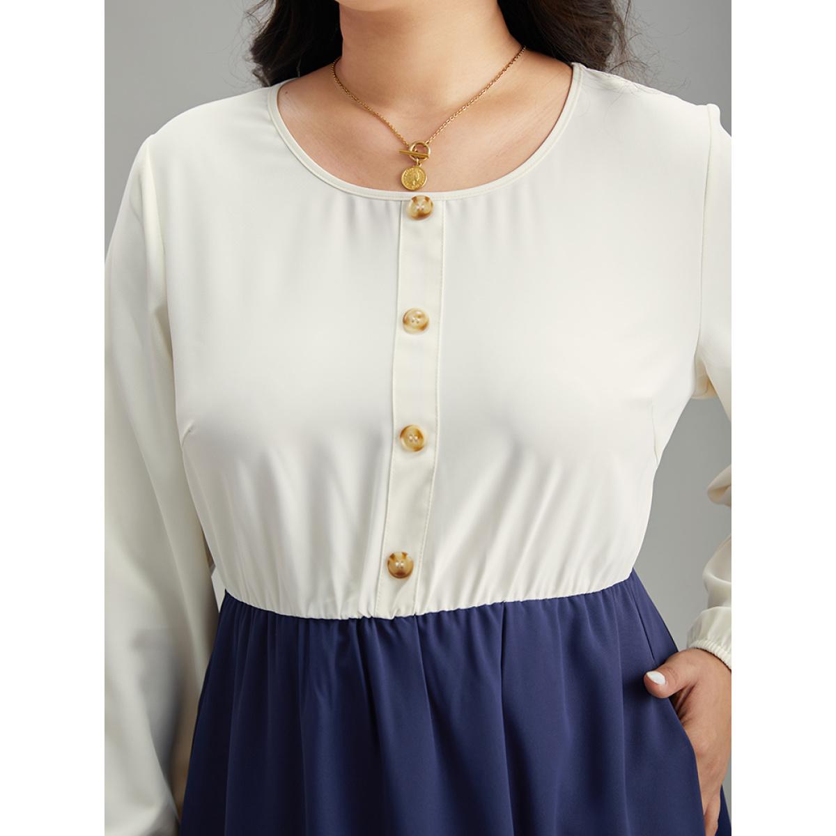 Plus Size Static-Free Contrast Button Detail Pocket Dress DarkBlue Women Elegant Elastic cuffs Round Neck Long Sleeve Curvy Midi Dress BloomChic 10/M Product Image