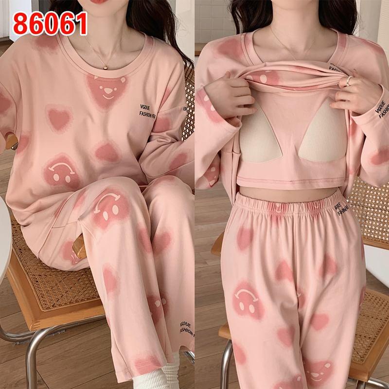 Pajama Set: Long-Sleeve Crew Neck Leopard Print Padded T-Shirt + Pants Product Image