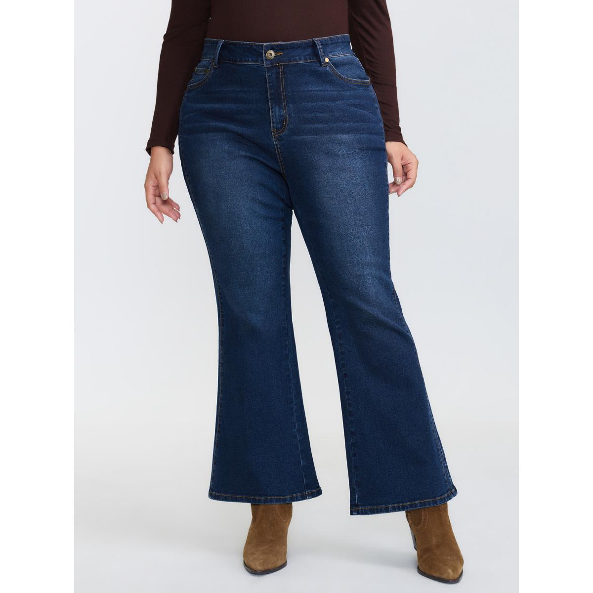 Plus Size Mid-Rise Flare Hem Jeans Women Denimindigo Leisure High stretch Slanted pocket Jeans BloomChic 26/4X Product Image