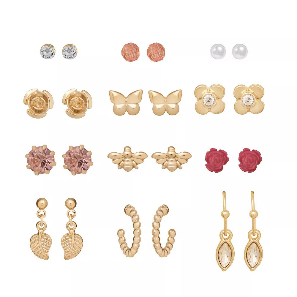 LC Lauren Conrad Gold Tone Crystal & Simulated Pearl Pink Flower Earrings 12-pack Set, Women's Product Image