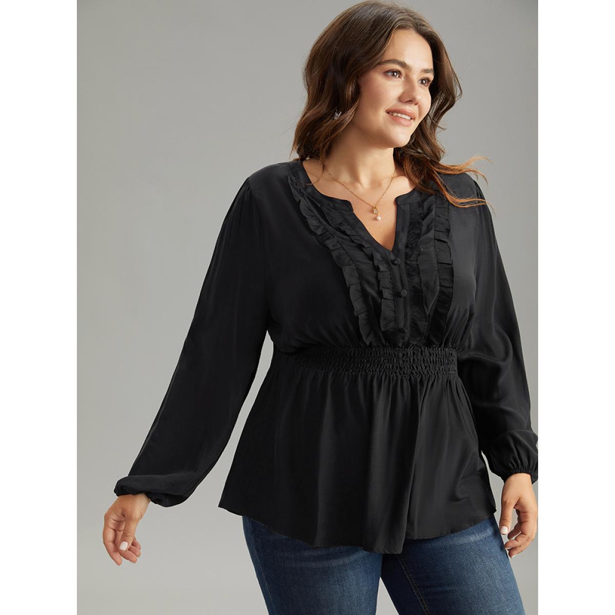Plus Size Black Solid Frill Trim Shirred Flutter Hem Blouse Women Elegant Long Sleeve Notched collar Dailywear Blouses BloomChic 30/6X Product Image
