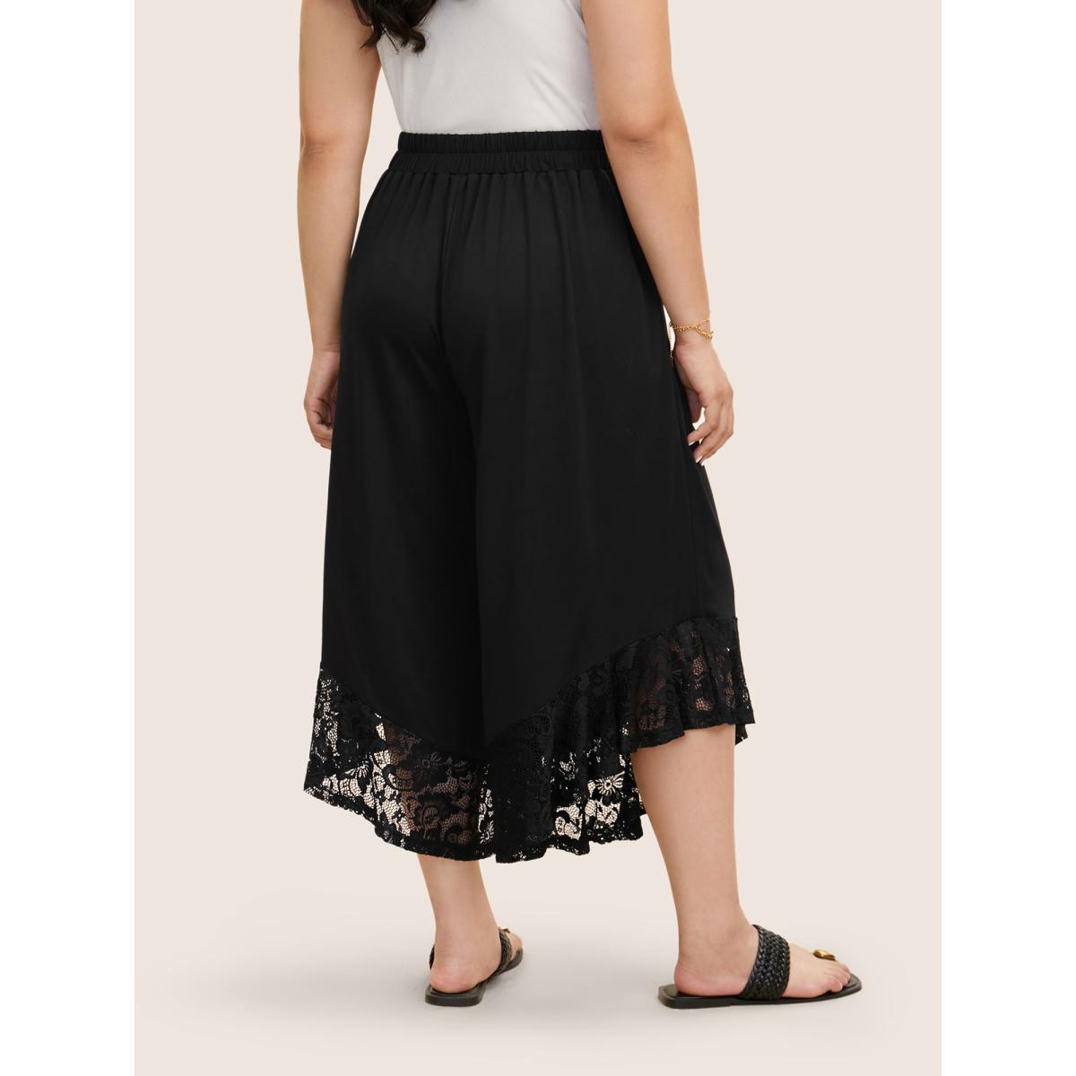 Plus Size Lace Patchwork Mesh Wide Leg Cropped Pants Women Black Resort Wide Leg Mid Rise Vacation Pants BloomChic 14-16/1X Product Image