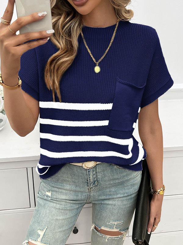 Half Sleeves Loose Pockets Striped Round-neck Knitwear Sweater Tops Product Image