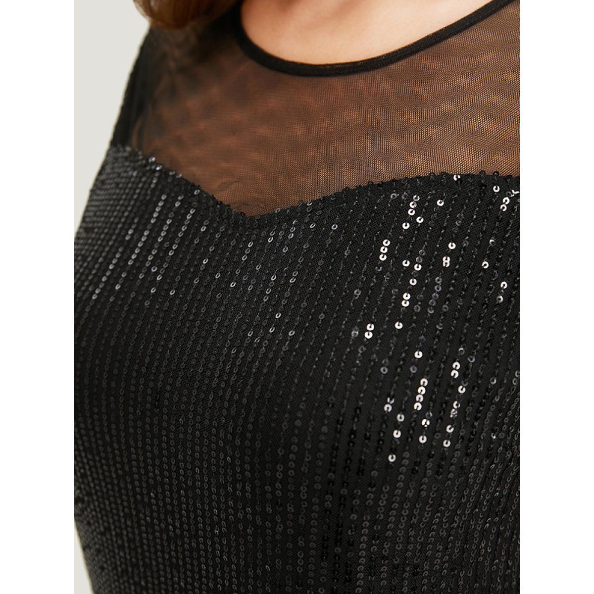 Plus Size Sequin Mesh Insert Crew Neck Pocket Keyhole Midi Dress Black Women Elegant See through Round Neck Short sleeve Curvy Midi Dress BloomChic 30/6X Product Image