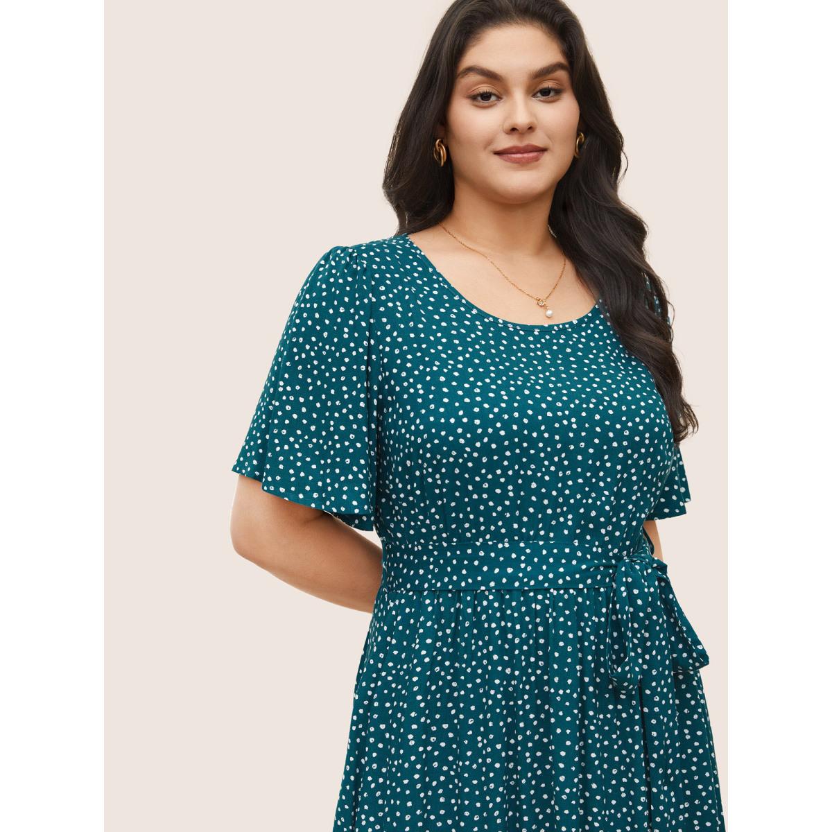 Plus Size Polka Dot Belted Flutter Sleeve Crew Neck Dress Teal Women Elegant Non Round Neck Short sleeve Curvy Midi Dress BloomChic 18-20/2X Product Image