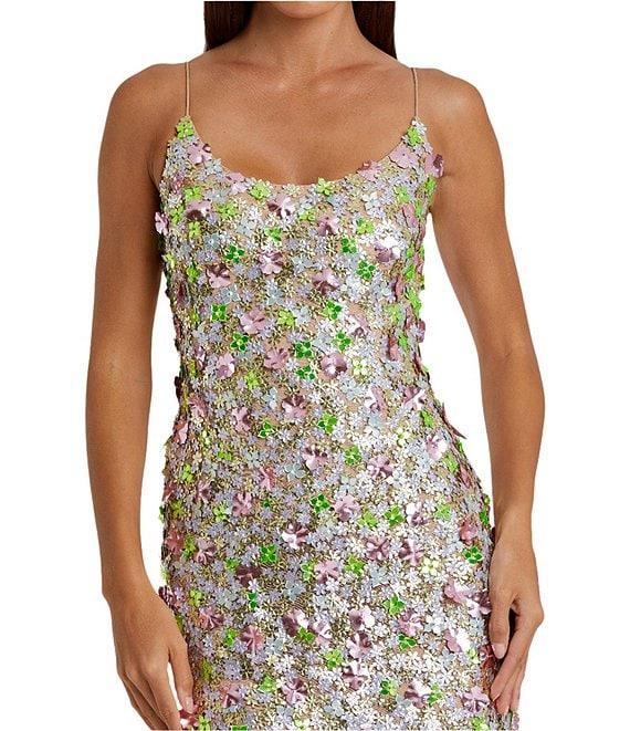 Mac Duggal Scoop Neck Floral Pailletee Embellished Mesh Column Gown Product Image