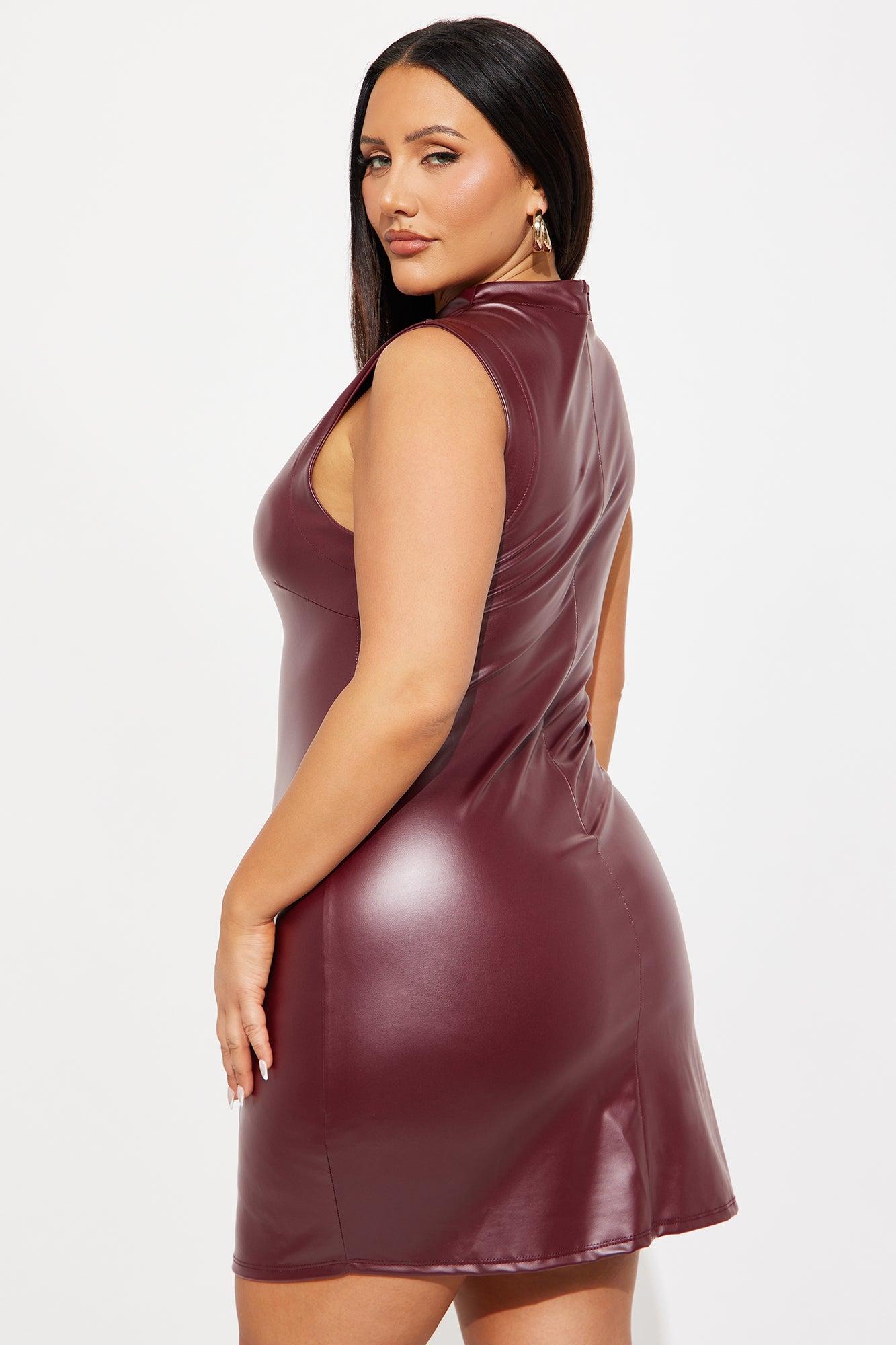 Ashley Ruched Faux Leather Mini Dress - Wine Female Product Image