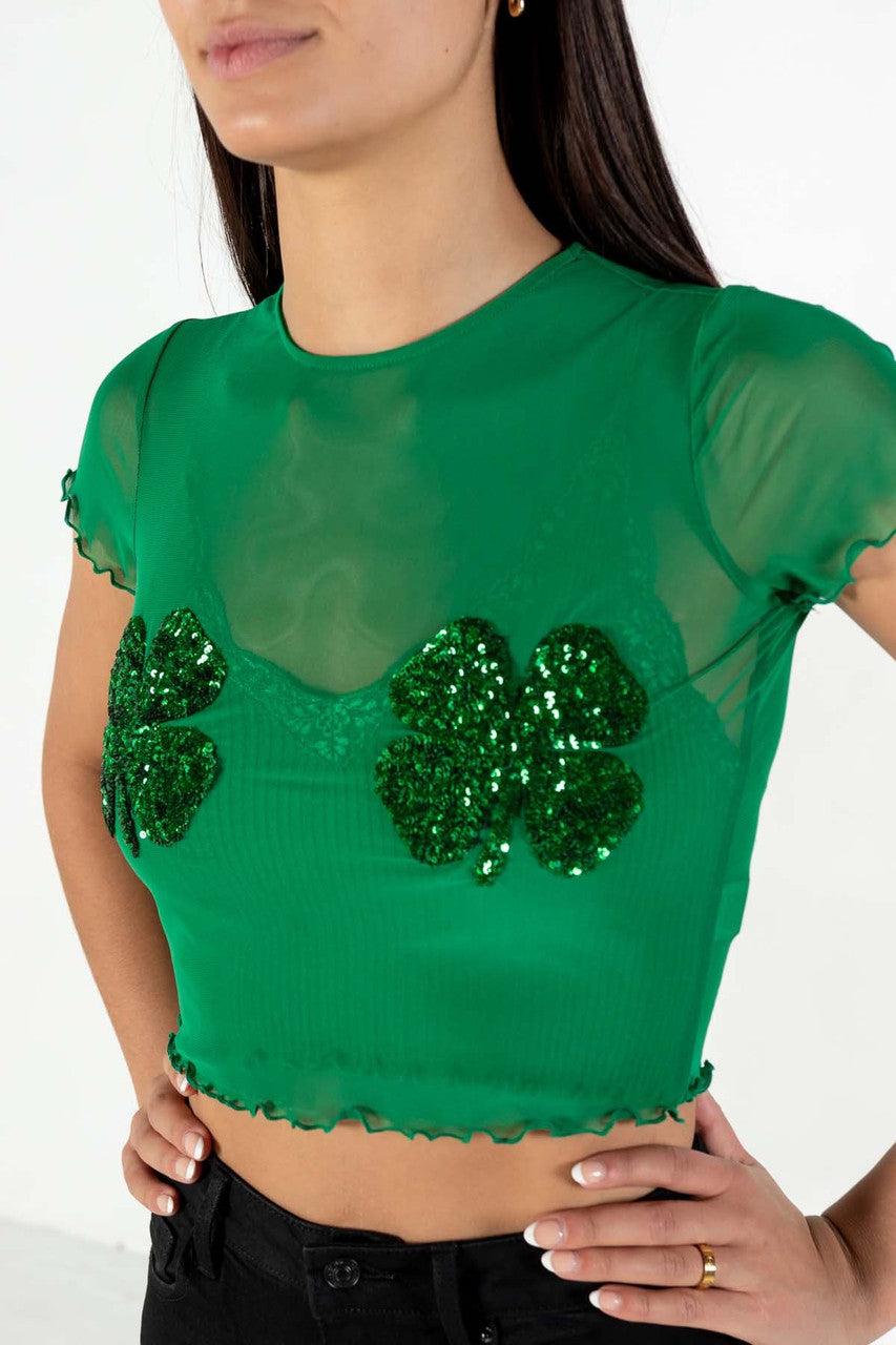Sequin Shamrock Green Mesh Tee Product Image