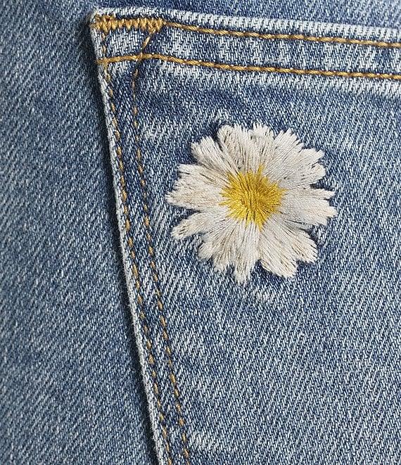 Driftwood Colette Stretch Denim Embroidered Daisy Cuffed Cropped Straight Leg Jeans Product Image
