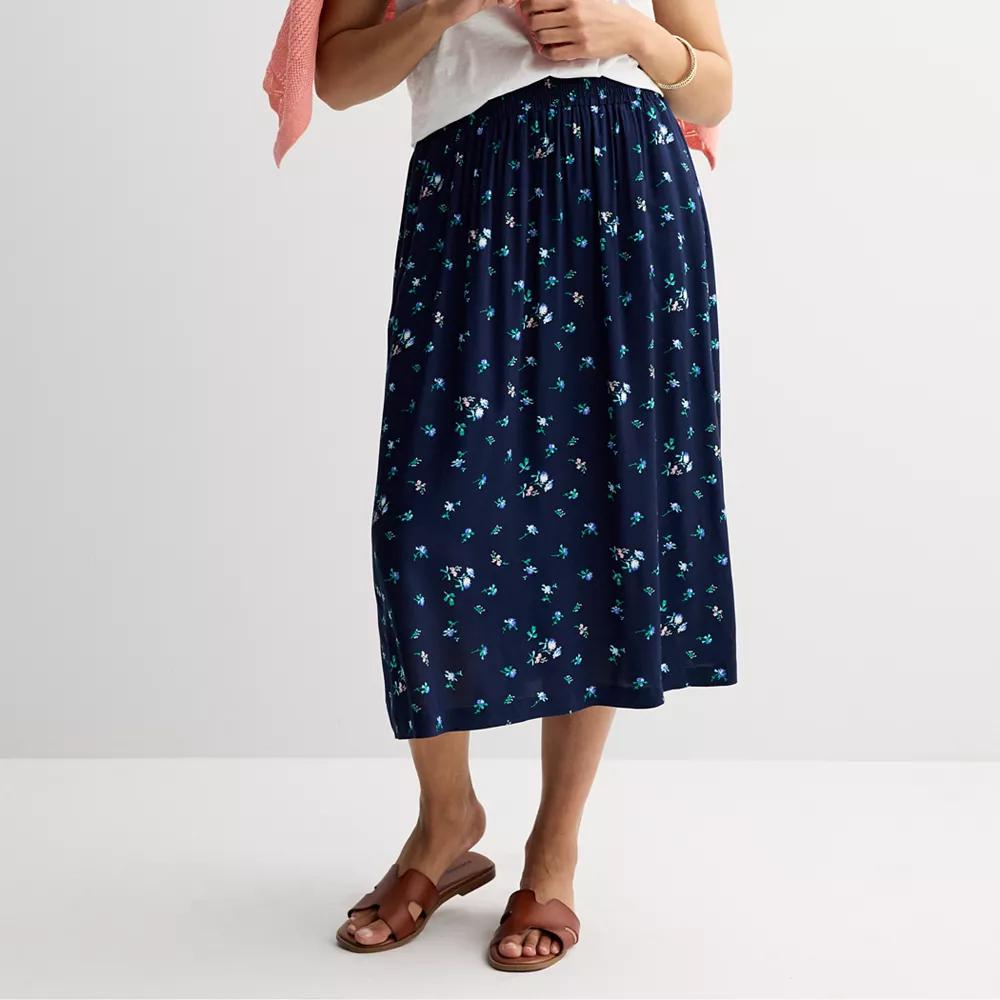 Petite Croft & Barrow Tiered Polished-Front Pull-On Skirt, Women's, Size: Small Petite, Navy Blue Floral Product Image
