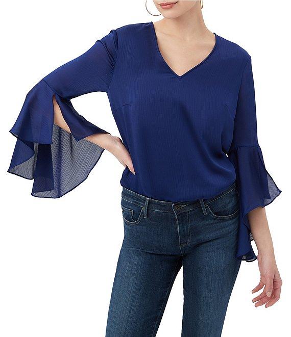 Trina Turk Yuki Crinkle Georgette V-Neck 3/4 Bell Sleeve Blouse Product Image