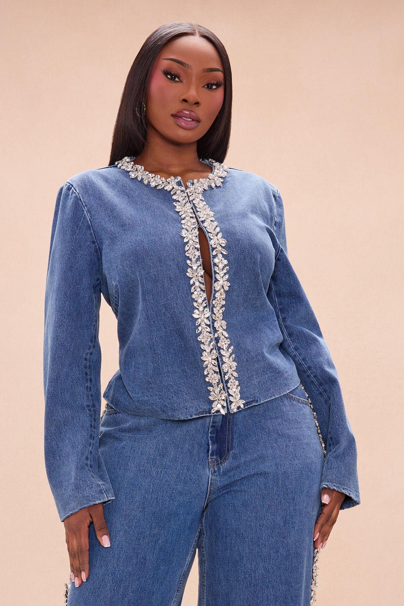 Came To Play Rhinestone Denim Jacket - Vintage Wash Female Product Image