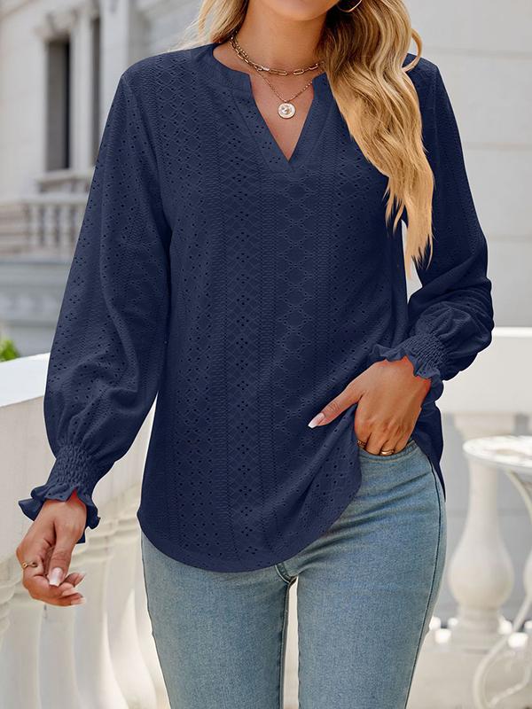 Long Sleeves Loose Elasticity Hollow Solid Color V-Neck T-Shirts Tops Product Image