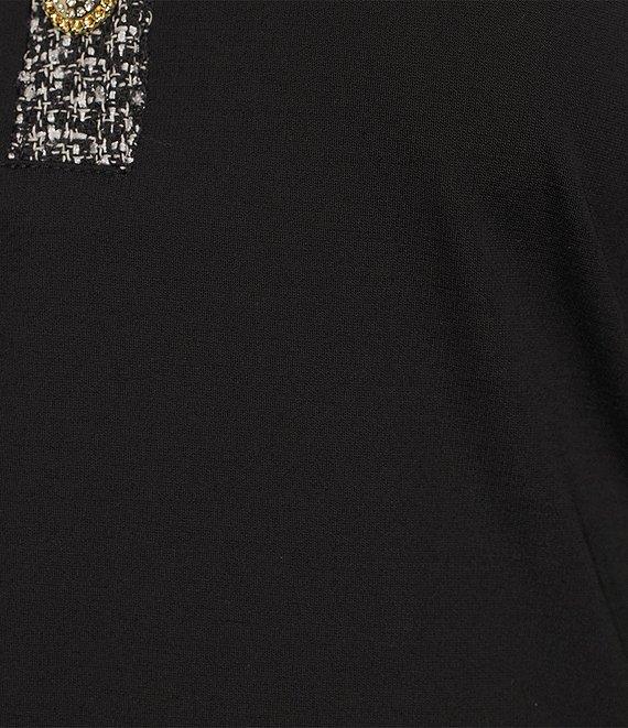 KARL LAGERFELD PARIS Knit Jersey Point Collar Short Sleeve Tweed Trim Top Product Image