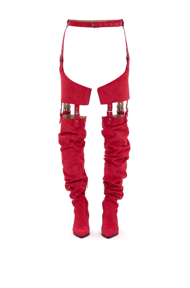 AZALEA WANG XOMARIA RED FAUX SUEDE WESTERN CHAP BOOT Product Image