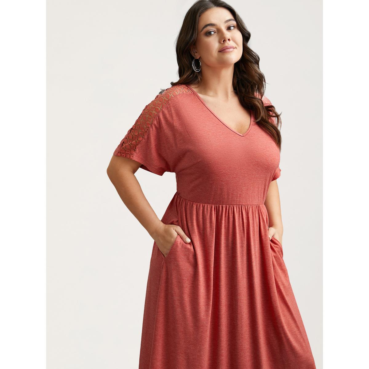 Plus Size V-Neck Sheer Lace Pockets Midi Dress OrangeRed Women Casual Woven ribbon&lace trim V-neck Short sleeve Curvy BloomChic 18-20/2X Product Image