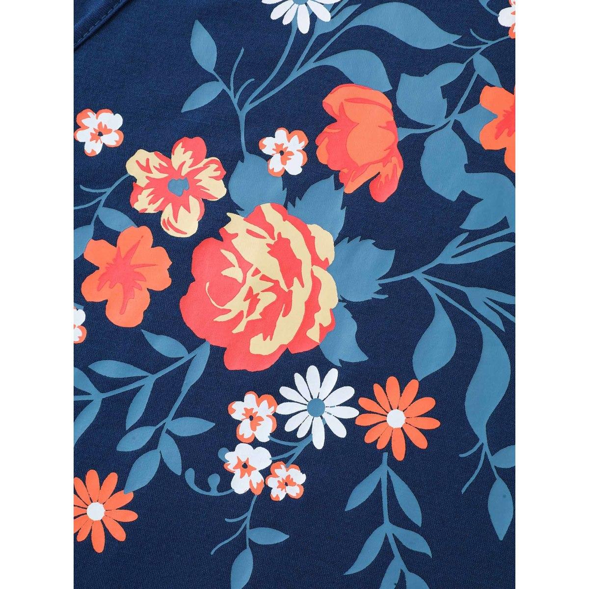 Plus Size V Neck Floral Print Stretchy T-Shirt Navy Women Non V-neck Everyday-Elegant T-shirts BloomChic 12/L Product Image