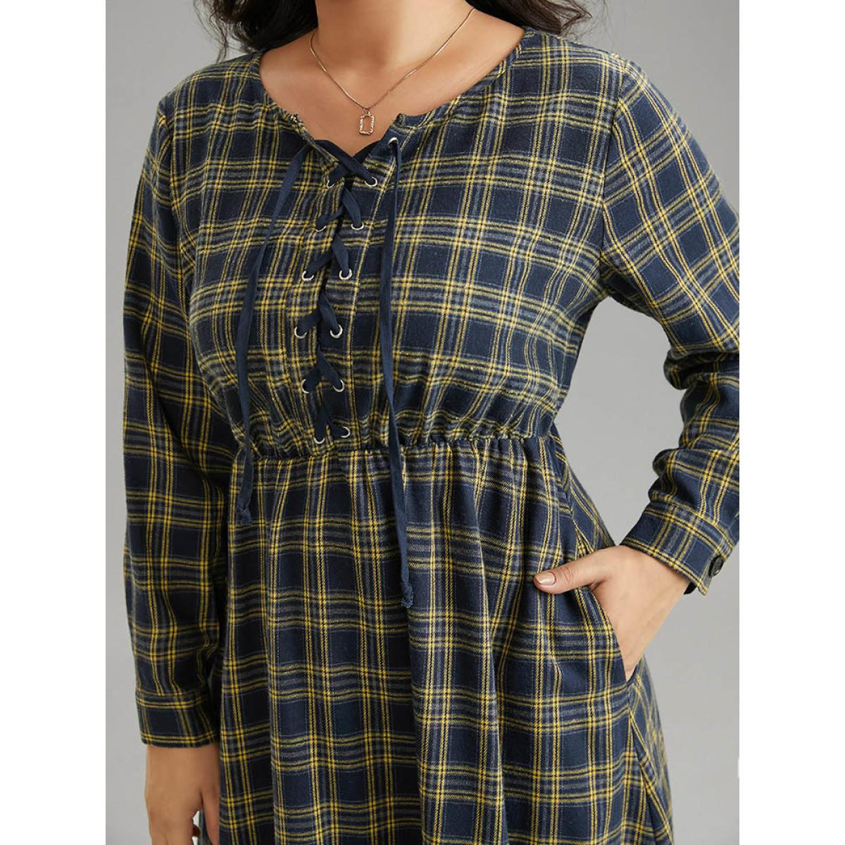 Plus Size Plaid Elastic Waist Lace Up Ties Dress Indigo Women Casual Cross straps Tie Neck Long Sleeve Curvy Midi Dress BloomChic 26/4X Product Image