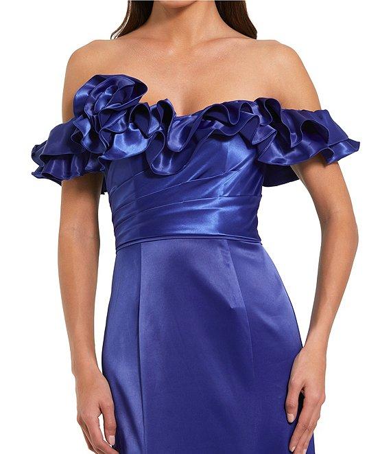 Mac Duggal Satin Off The Shoulder Ruffle 3D Flower Flutter Sleeve Pleated Mermaid Gown Product Image