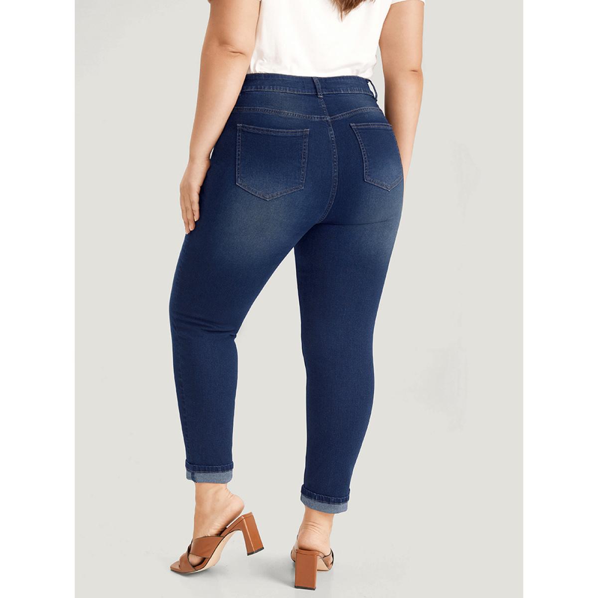 Plus Size Very Stretchy Pocket Dark Wash Roll Hem Jeans Women DarkBlue Casual Plain Roll Hem High stretch Pocket Jeans BloomChic 24/3X Product Image