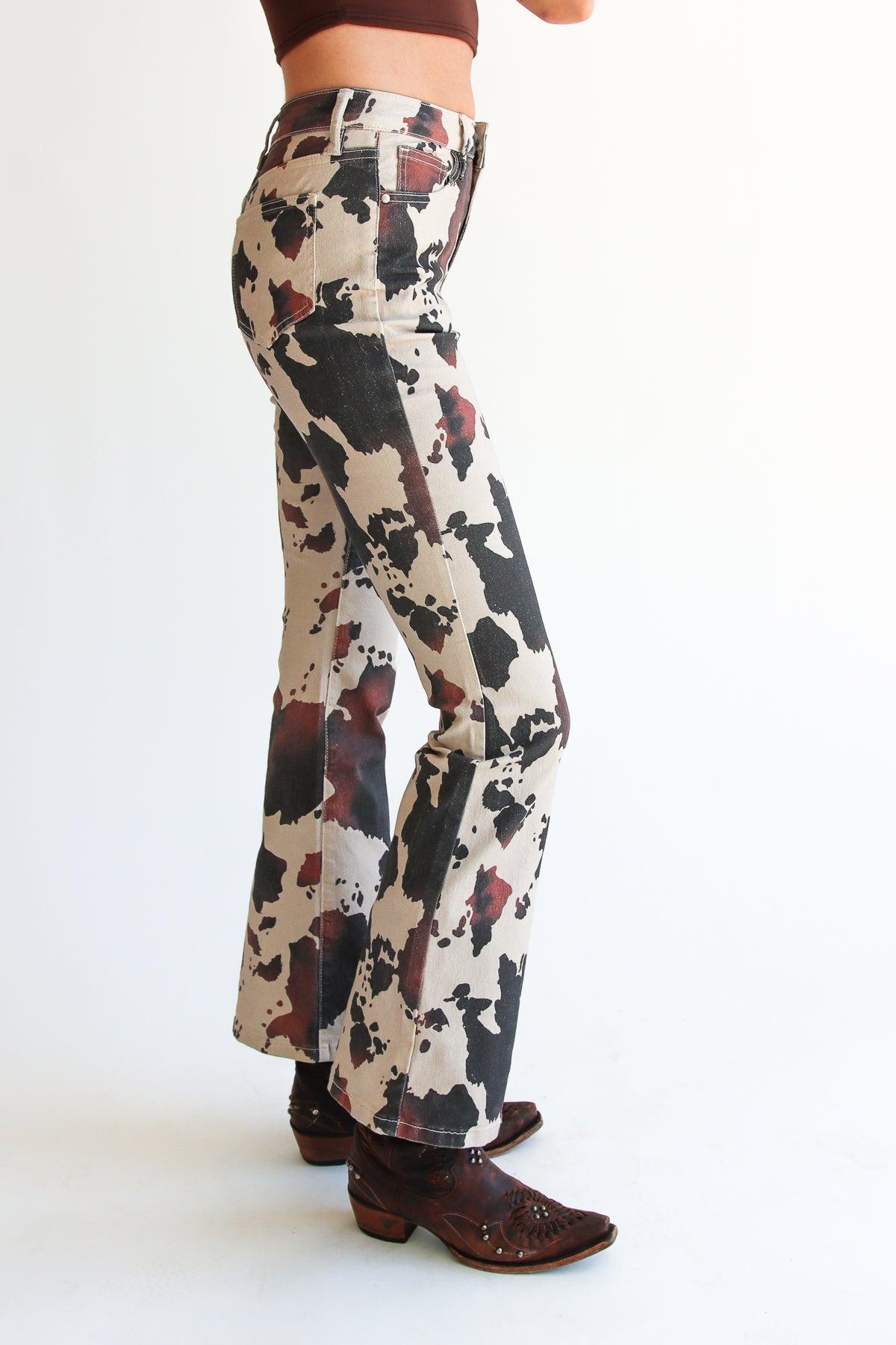 Brown Cow Print Flare Jeans Product Image