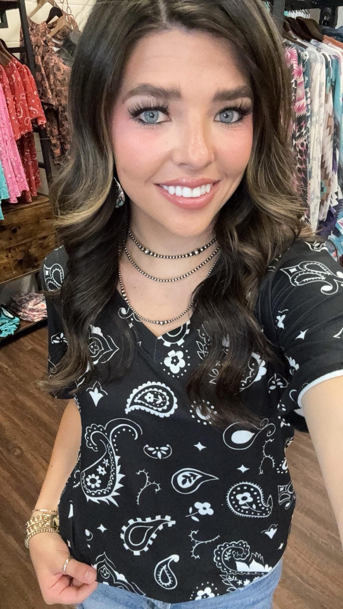 Sterling Kreek Black Bandana Babe V Neck Top Product Image