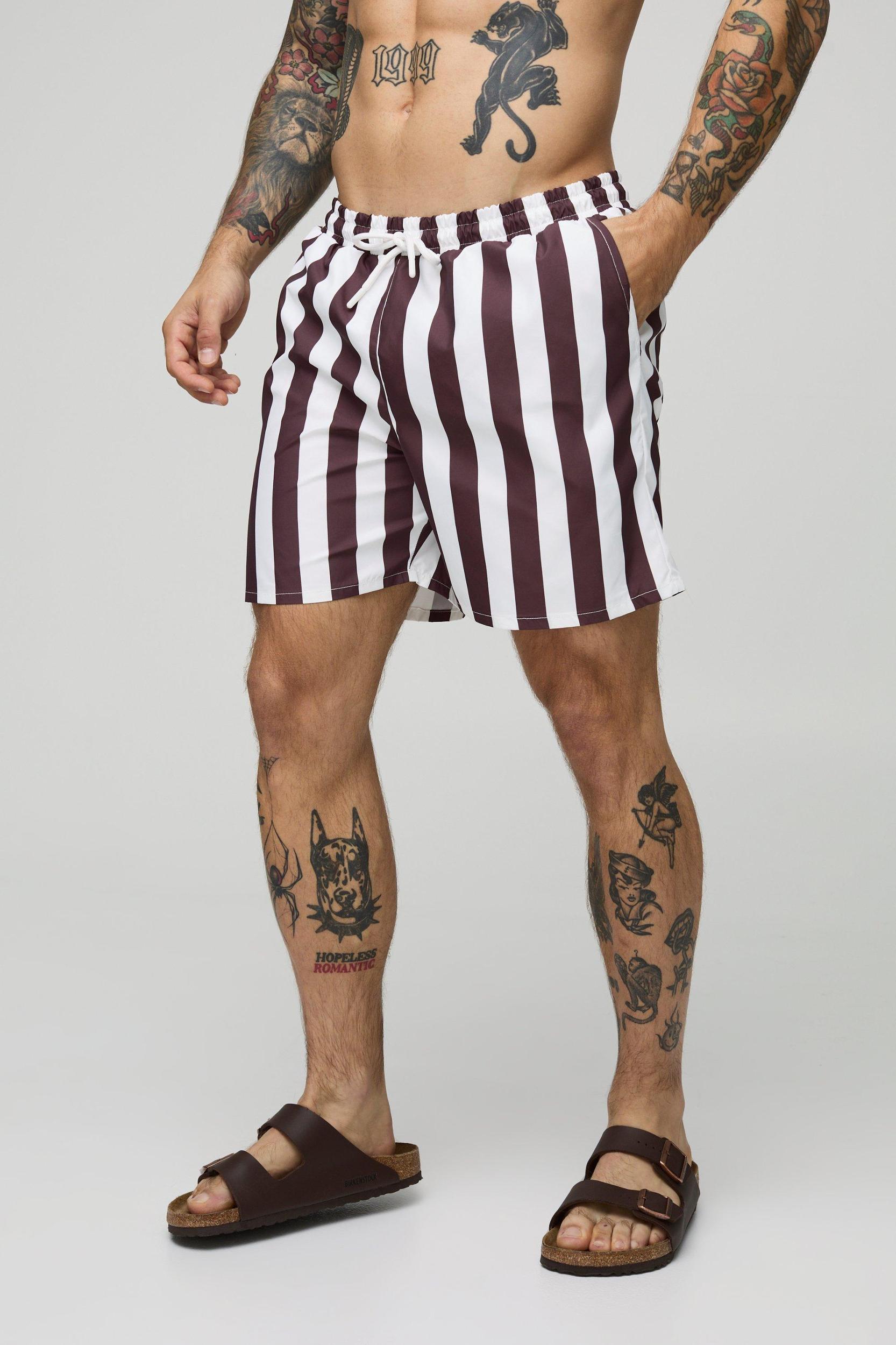 2 Pack Mid Length Wide Stripe and Plain Swim Trunks | boohooMAN USA Product Image