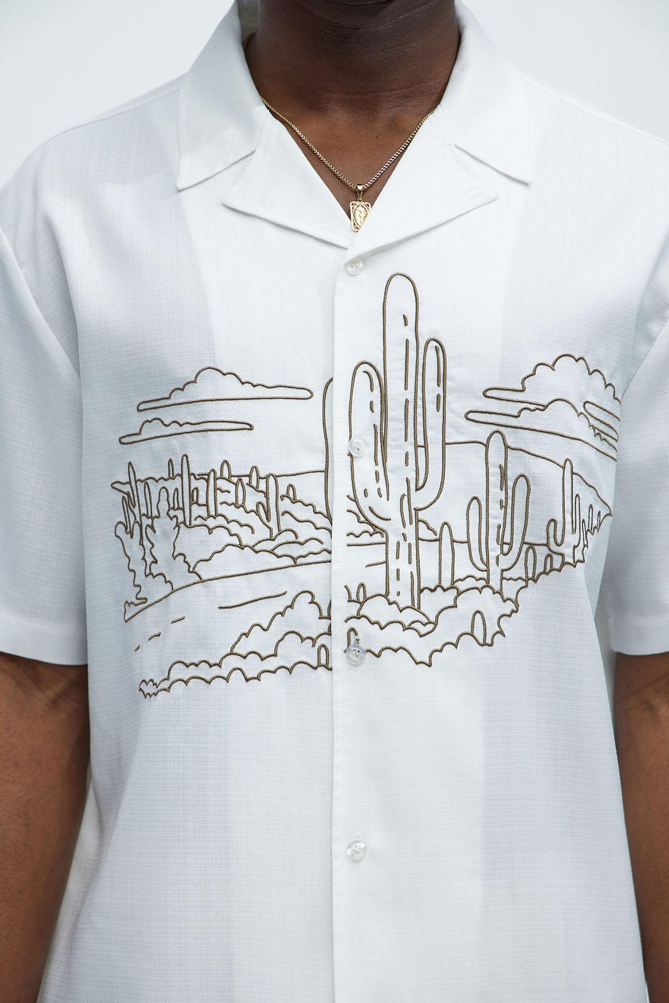 Desert Embroidered Cuban Collar Button Up - White Product Image