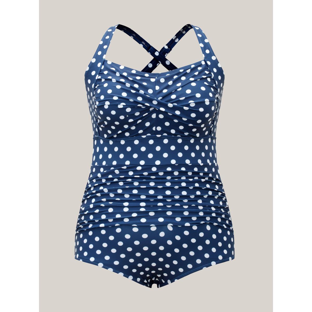 Plus Size Polka Dots Twist Front Ruched One-Piece Swimsuit Women's Swimwear Indigo Beach Twist Curve Bathing Suits High stretch One Pieces BloomChic 26/4X Product Image