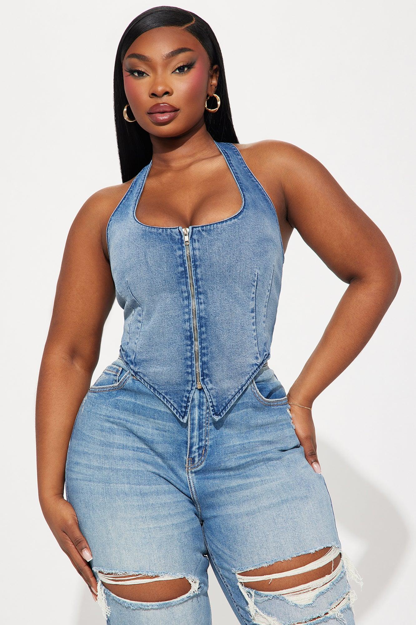 Dominique Denim Halter Top - Medium Wash Product Image