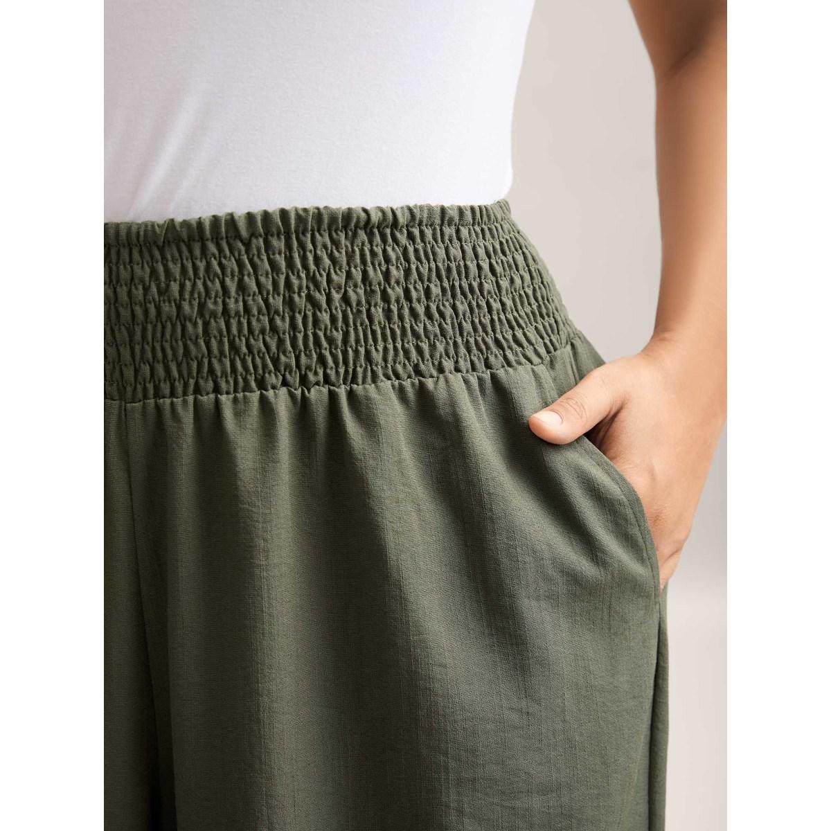 Plus Size Shirred Waist Wide-Leg Solid Pants Women ArmyGreen Resort Wide Leg Mid Rise Vacation Pants BloomChic 18-20/2X Product Image