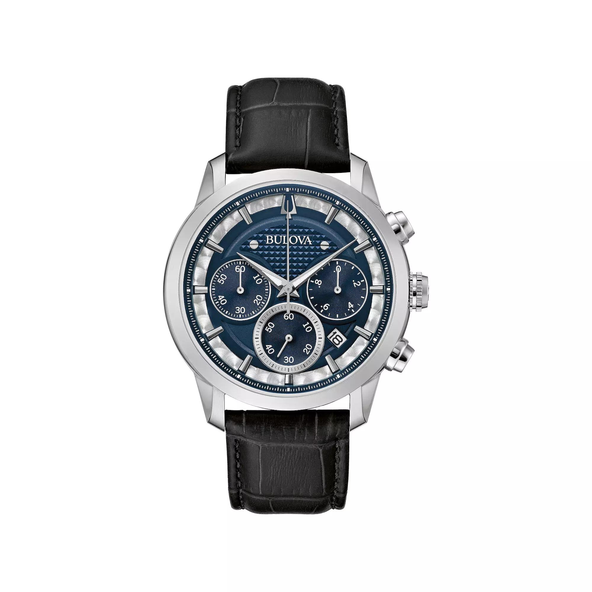 Bulova Mens Stainless Steel Blue Dial Chronograph Black Leather Strap Watch Product Image