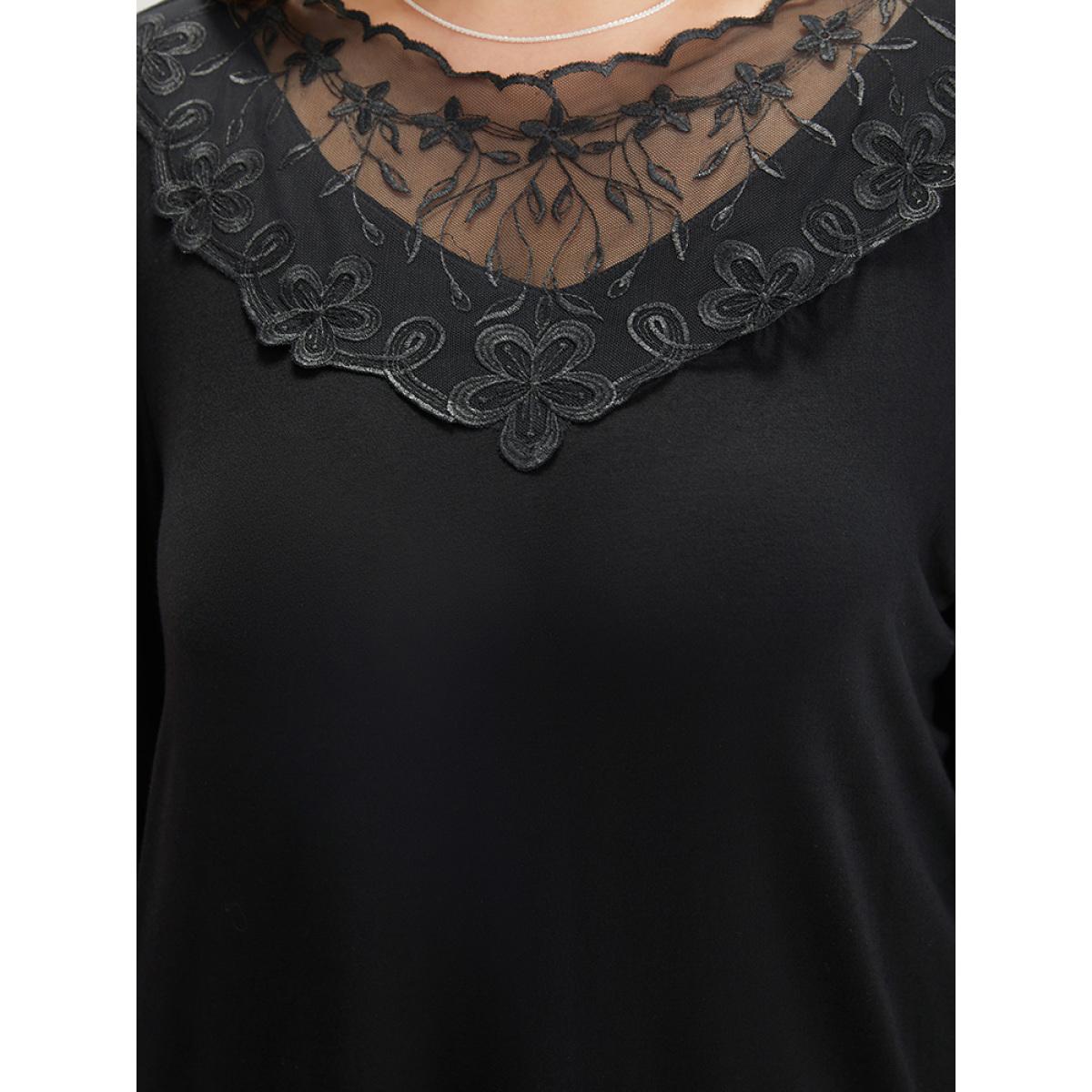 Plus Size Halloween Plain Crochet Lace Mesh T-shirt Black Women Elegant Plain Plain Round Neck Dailywear T-shirts BloomChic 12/L Product Image