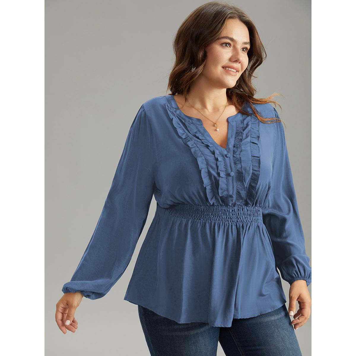 Plus Size Aegean Solid Frill Trim Shirred Flutter Hem Blouse Women Elegant Long Sleeve Notched collar Dailywear Blouses BloomChic 14-16/1X Product Image