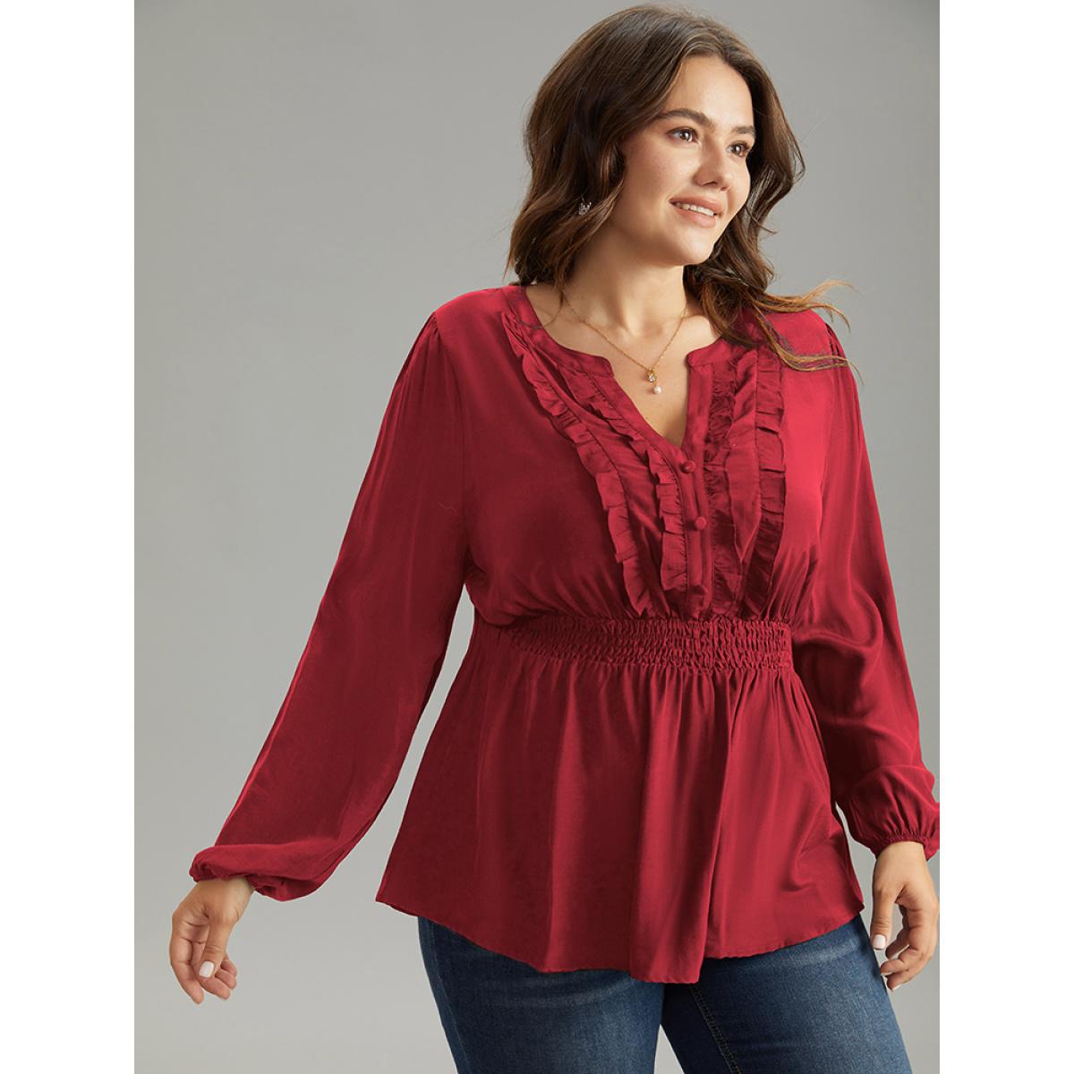 Plus Size Raspberry Solid Frill Trim Shirred Flutter Hem Blouse Women Elegant Long Sleeve Notched collar Dailywear Blouses BloomChic 22-24/3X Product Image