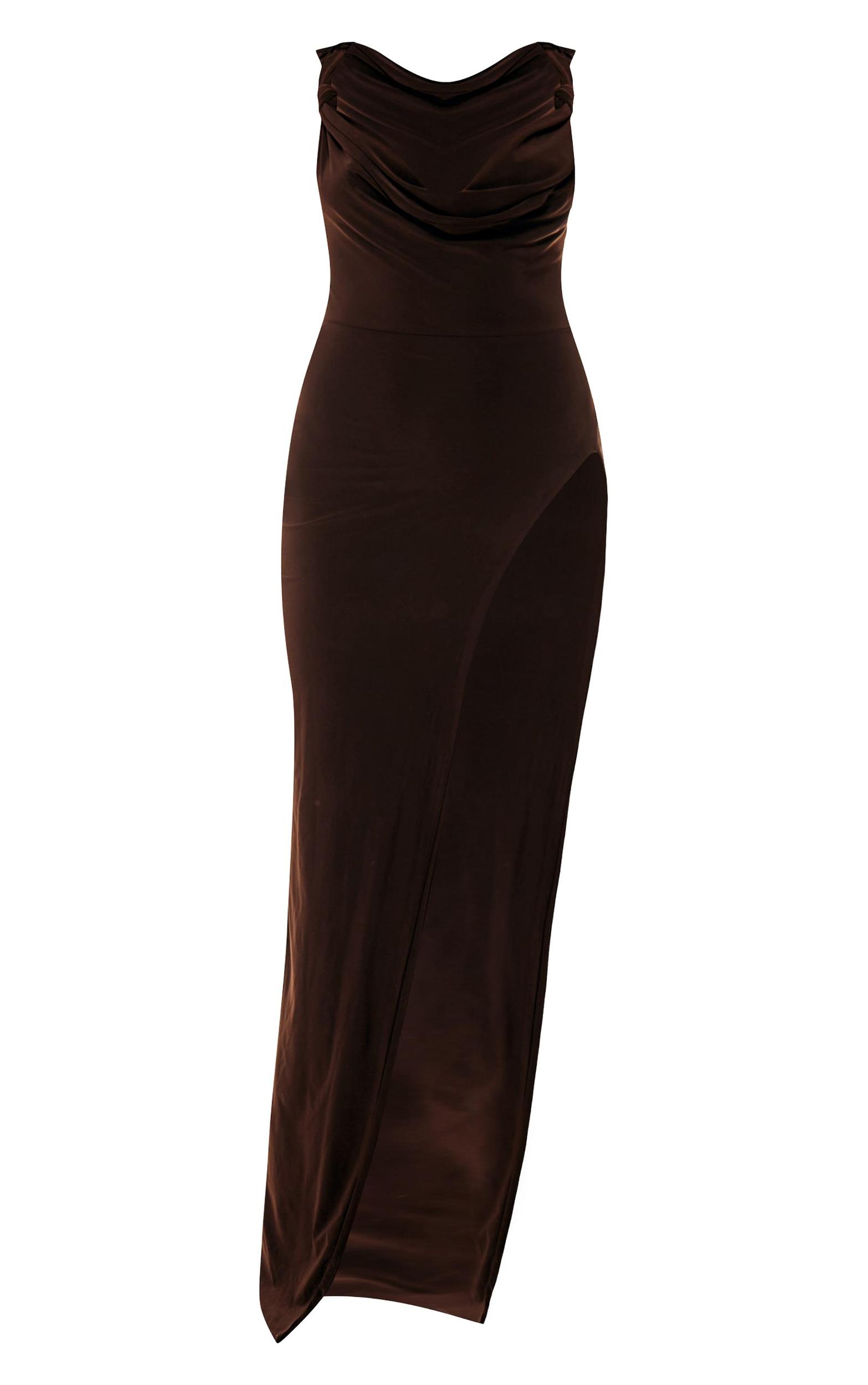 Dark Taupe Double Layer Draped Knotted Split Maxi Dress Product Image